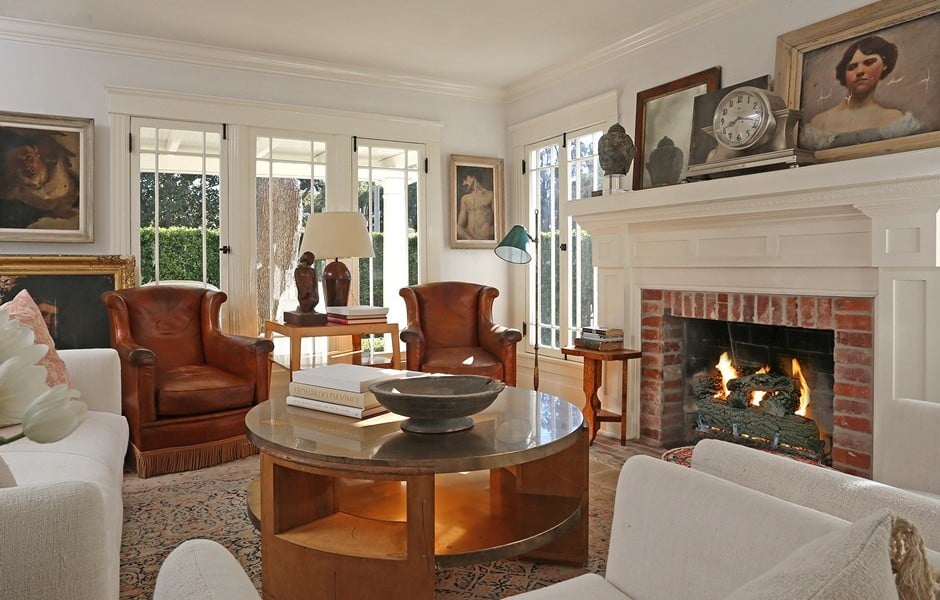 A fireplace adds a cozy touch.