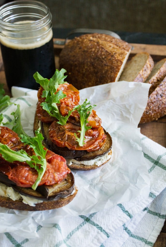 Balsamic Eggplant, Slow Roasted Tomato, and Goat Cheese Sandwich
