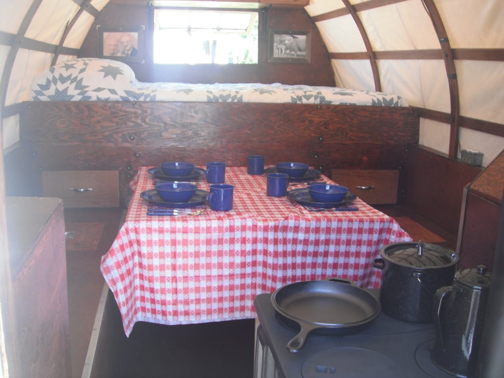 Just like Bo Peep, the wagon is small but mighty. It was in regular use on the 30,000-acre ranch from the 1920s all the way until the 1970s. It's since been fully restored and outfitted for comfort with beds, a half-bath, wood-burning stove, and more.