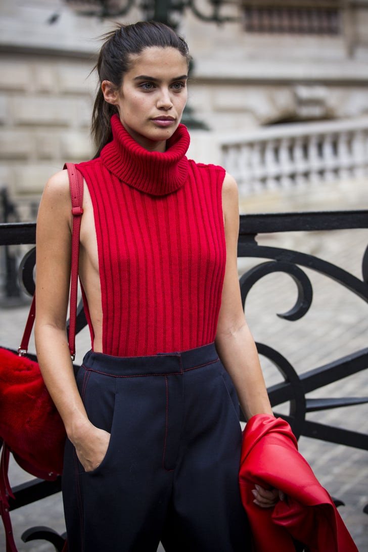Sara Sampaio Wearing a Revealing Red Turtleneck | Model Street Style at ...