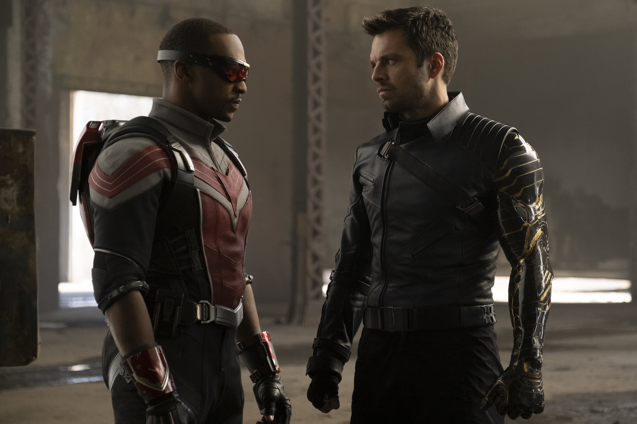 (L-R): Falcon/Sam Wilson (Anthony Mackie) and Winter Soldier/Bucky Barnes (Sebastian Stan) in Marvel Studios' THE FALCON AND THE WINTER SOLDIER exclusively on Disney+. Photo by Chuck Zlotnick. ©Marvel Studios 2020. All Rights Reserved.