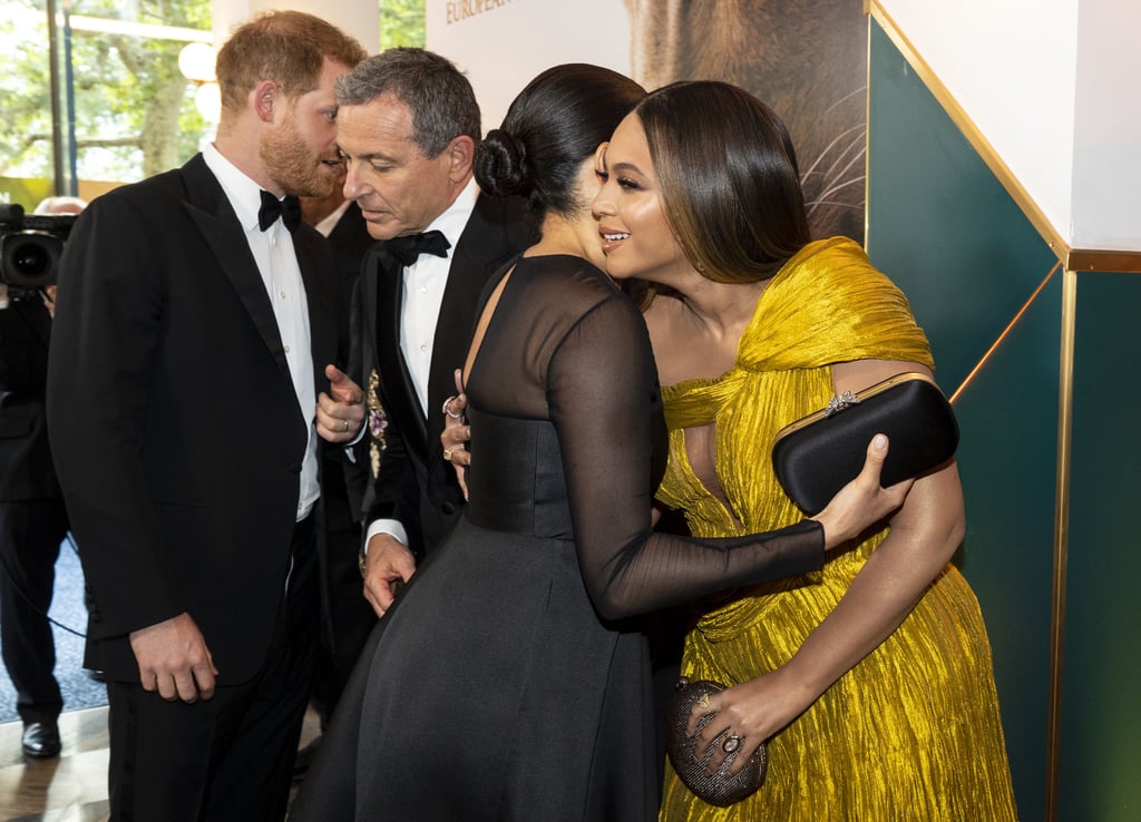 Pictured: Prince Harry, Meghan Markle, and Beyoncé at The Lion King premiere in London.