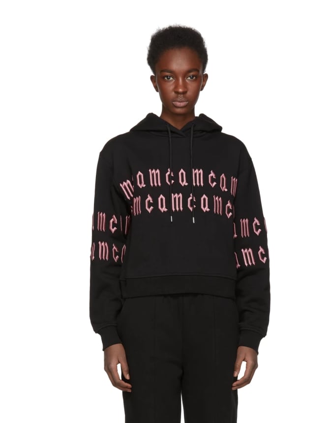 McQ Black Cropped Repeat Logo Hoodie