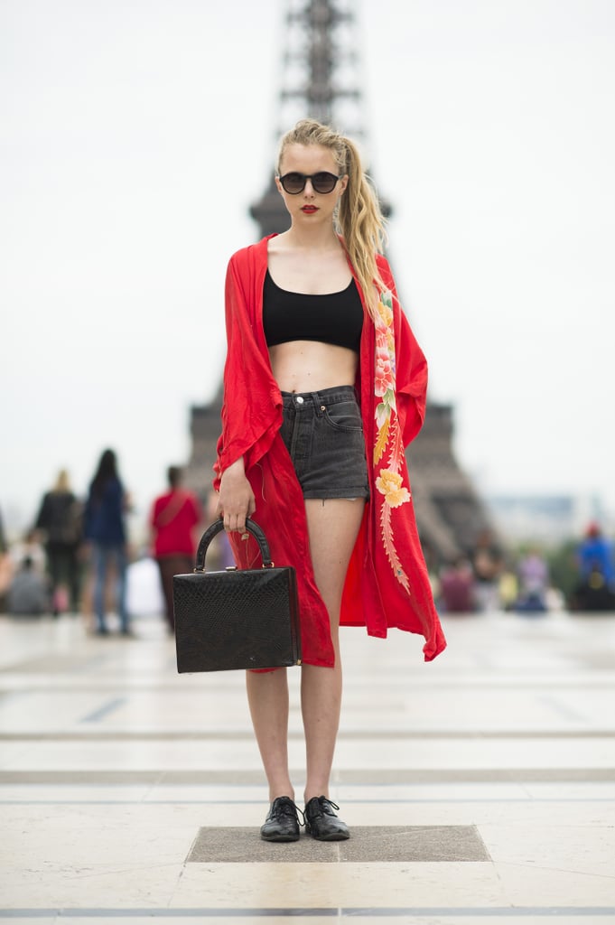 A silky red robe added some extra coverage to a shorts-and-bra-top look.
Source: Le 21ème | Adam Katz Sinding