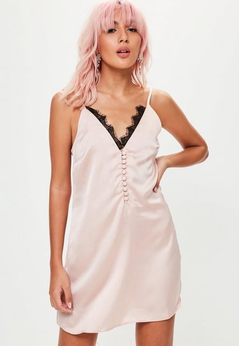 Missguided Satin Lace Trim Button Up Slip Dress