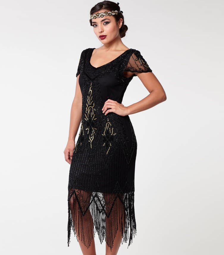 Annette Fringe Flapper Dress In Black Gold