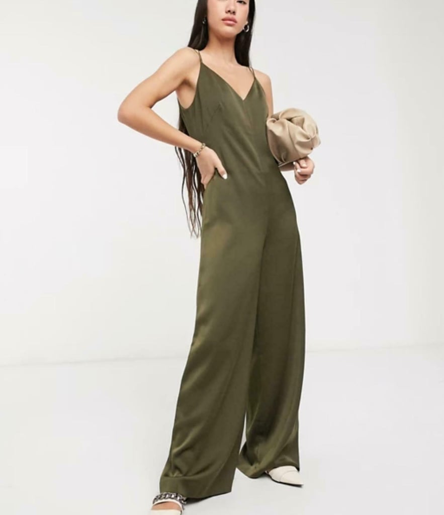 Whistles Khaki Green Relaxed Satin Strappy Jumpsuit