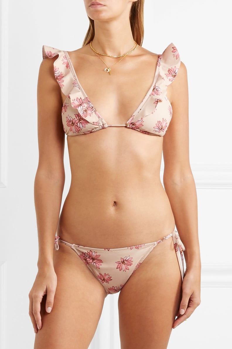 Eberjey Flying Lotus Ruffled Floral-Print Triangle Bikini — Pastel Pink