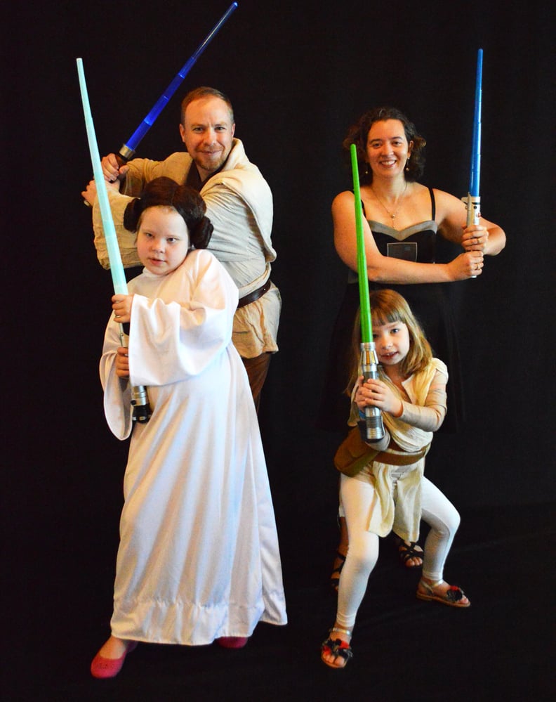 Princess Leia, Luke Skywalker, Darth Vader, and Rey