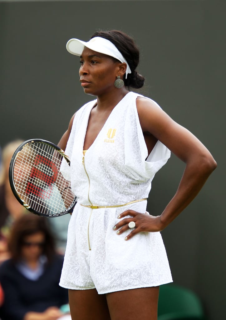 Redeeming herself in 2011 at the Wimbledon Open, Venus wore a classy white and gold flecked romper with a gold zipper and thin gold belt with loose sleeves and a diamond cut out in the back.