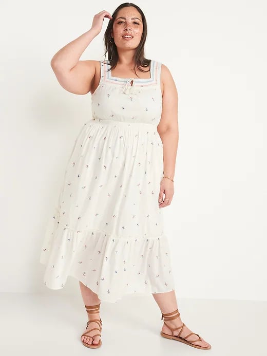 A Printed Dress: Old Navy Sleeveless Waist-Defined Embroidered Clip-Dot Maxi Dress