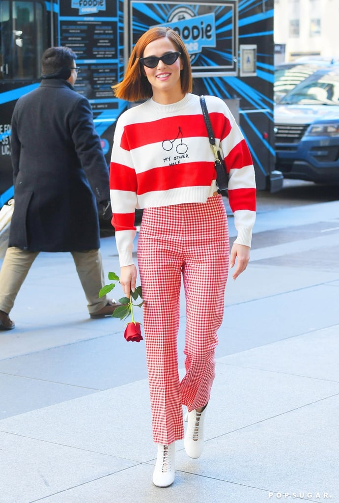 Zoey Deutch Wearing a Red-and-White Striped Sweater on Valentine's Day in NYC