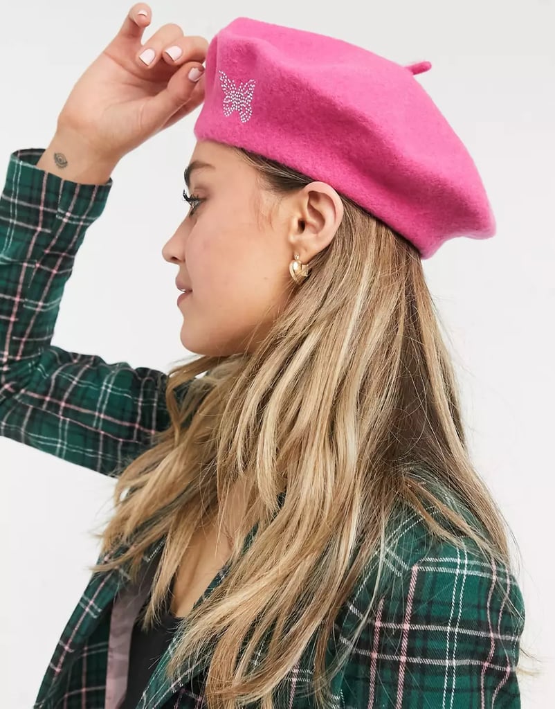 ASOS Wool Beret with Butterfly Embroidery in Pink