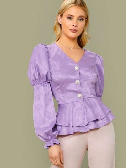 Shein Layered Ruffle Hem Jacquard Satin Blouse | Cute Cheap Clothes For ...