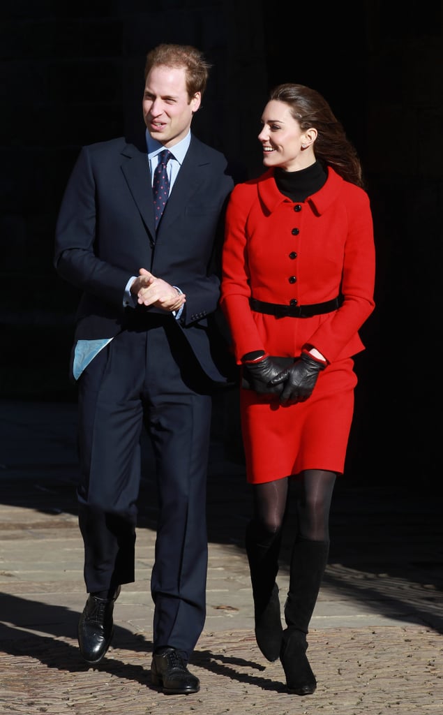 The suit was first worn in public on a trip to St Andrews when she was recently engaged. For the winter visit she wore it with black polo neck, boots and leather gloves. The suit was first worn in public on a trip to St Andrews when she was recently engaged. For the winter visit she wore it with black polo neck, boots and leather gloves.