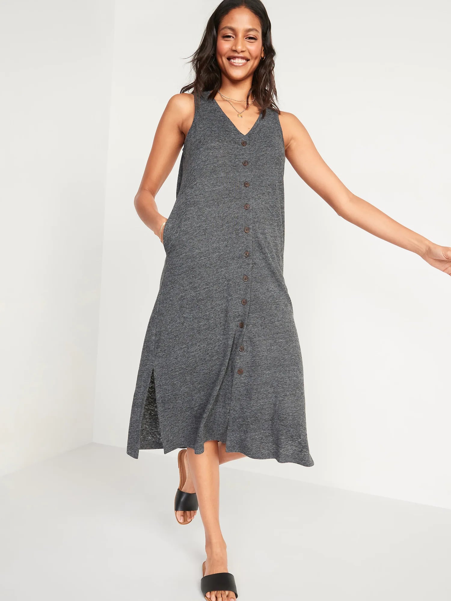 Old Navy Sleeveless Linen Blend Button Front Midi Shift Dress 18