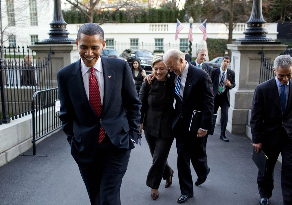 Obama and Biden congratulating then-Secretary Clinton on her daughter's engagement, putting aside the election rivalry.