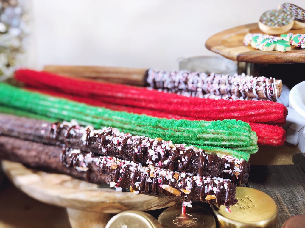Chocolate Churro With Crushed Pretzels and Peppermint, Red and Green Holiday Churros, and Peppermint Churro