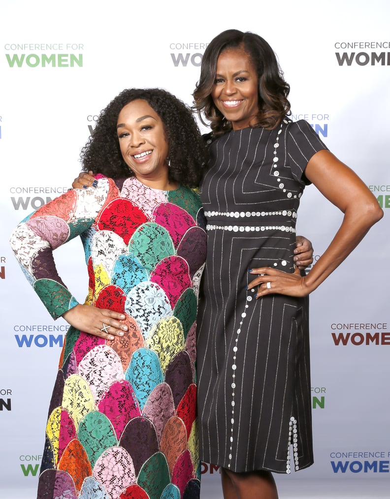 PHILADELPHIA, PA - OCTOBER 03:  Screenwriter, director and producer Shonda Rhimes and Former First Lady of the United States Michelle Obama pose for a photo together during Pennsylvania Conference For Women 2017 at Pennsylvania Convention Center on Octobe
