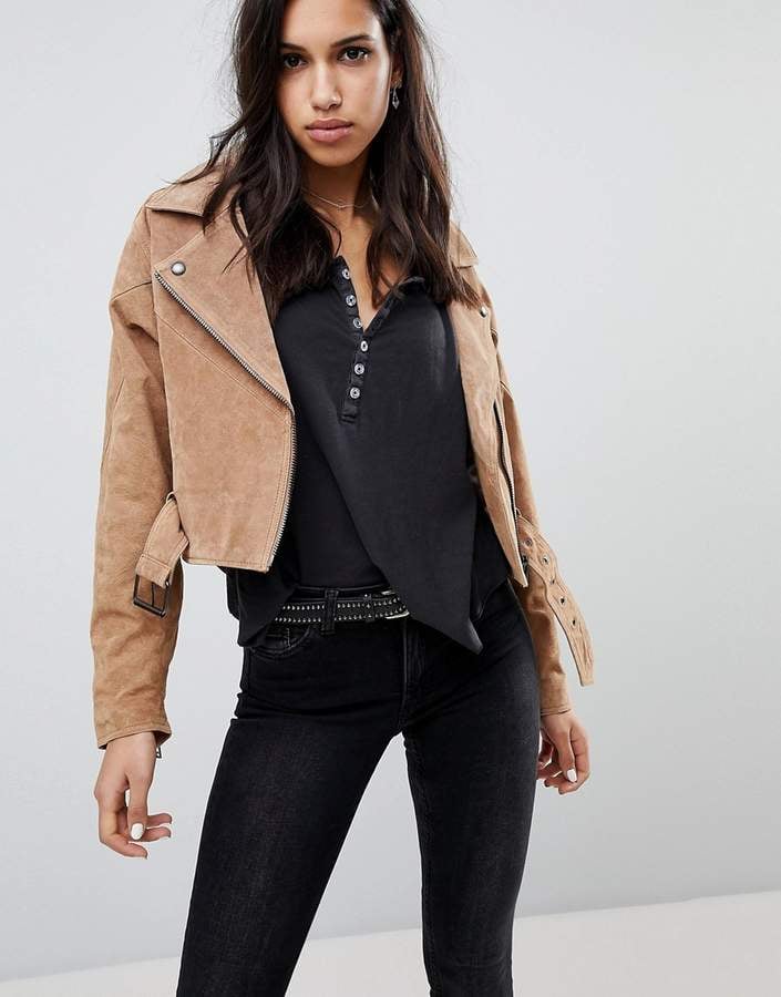 ASOS DESIGN faux suede biker jacket in tan