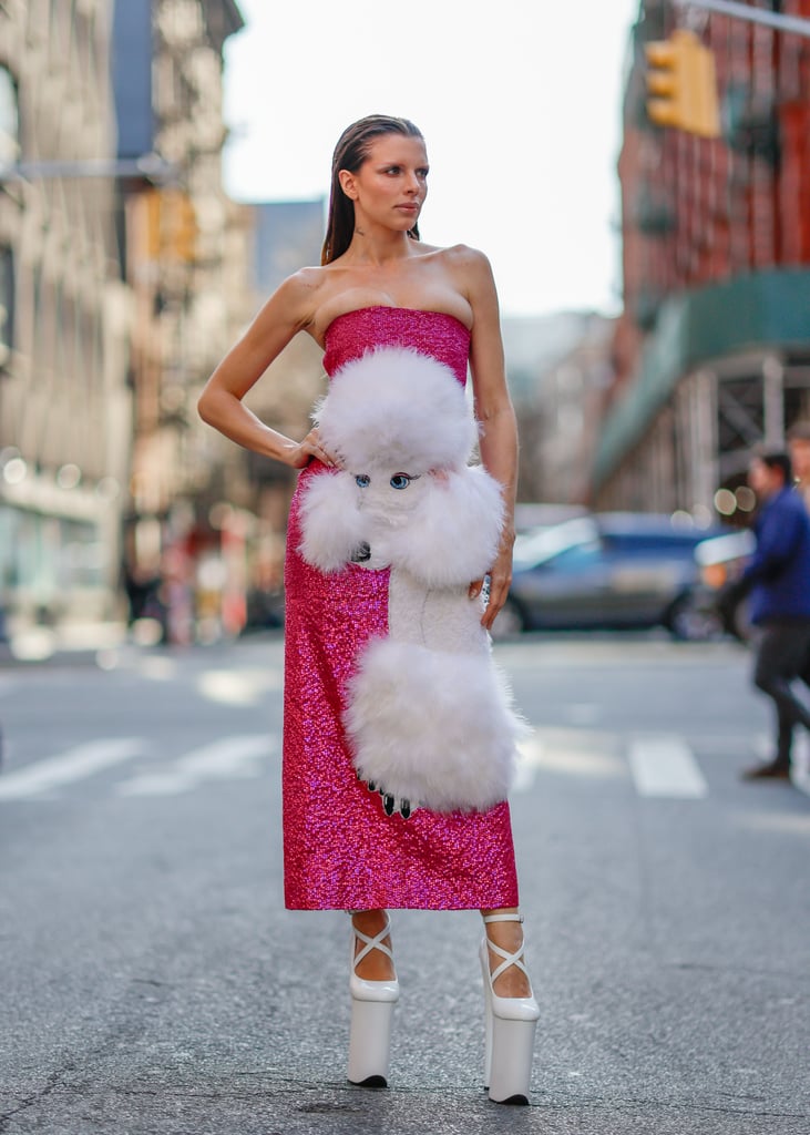 Julia Fox Poodle Dress and Platforms at Fashion Week