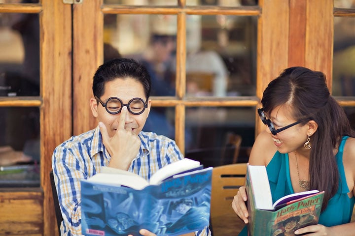 An engagement photo session is the time to let your personalities shine, right? Jess and Vince's adorable enthusiasm for each other and Harry Potter comes through loud and clear in their shoot by Orange Turtle Photography. 
Photo: Orange Turtle Photography