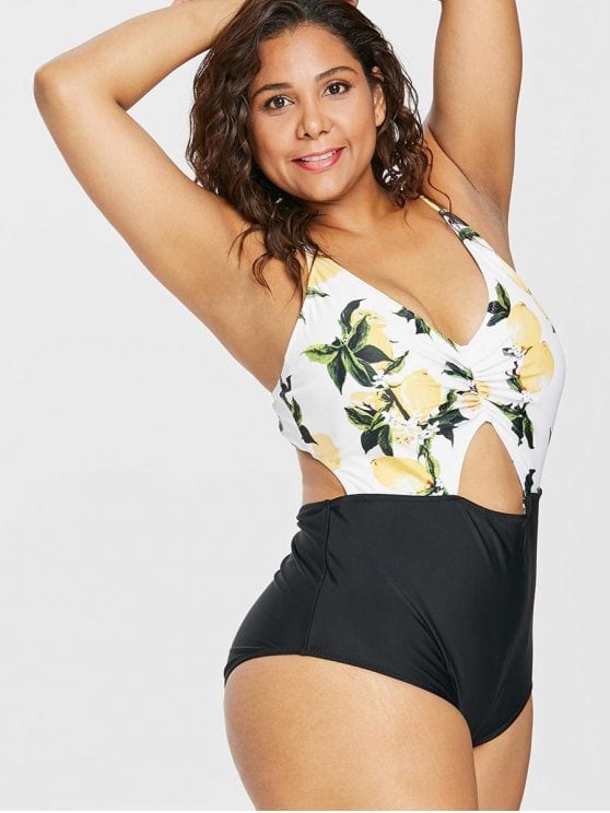 Zaful Plus Size Cut Out Lemon Print Swimsuit