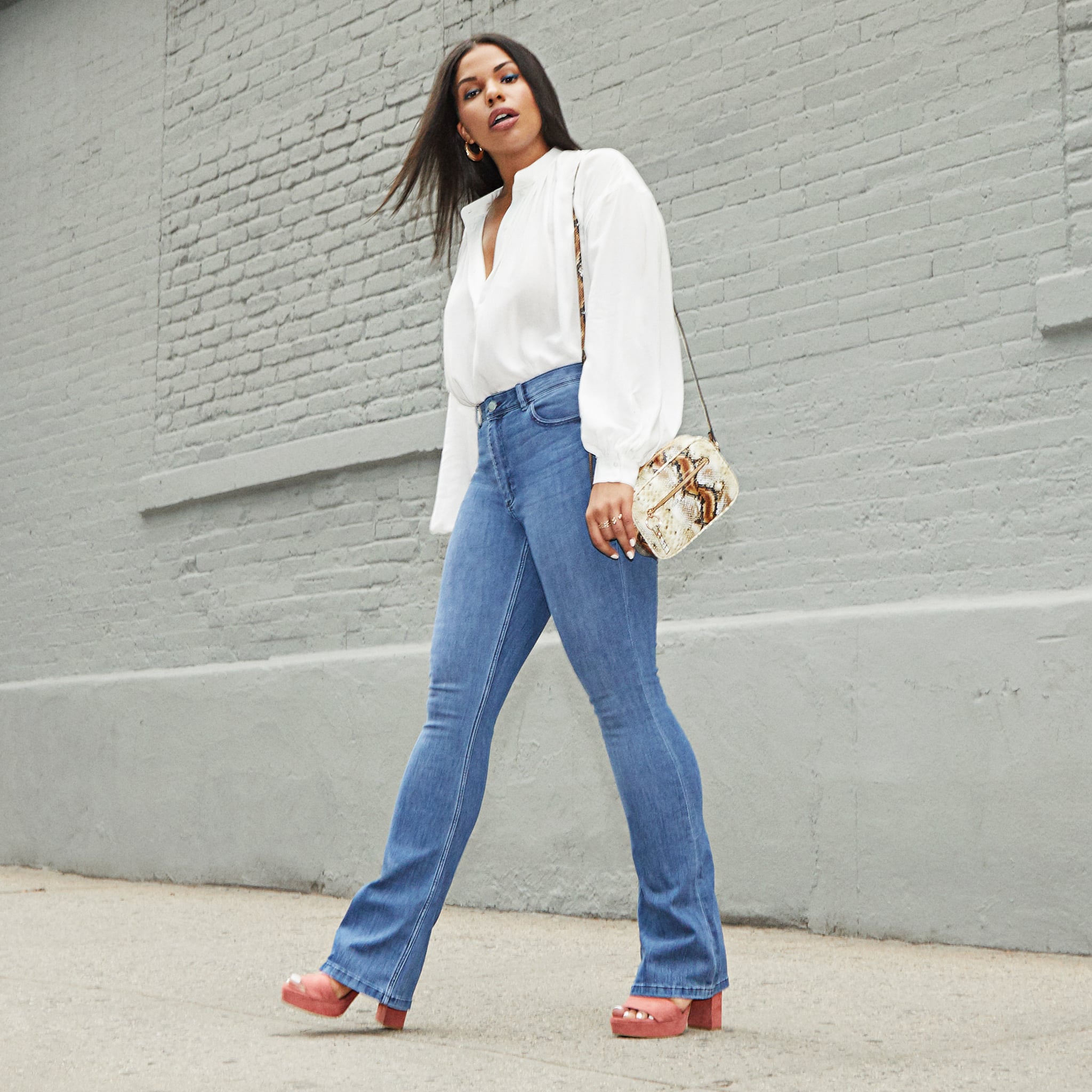Express outfit. White button down shirt with bell bottom jeans and