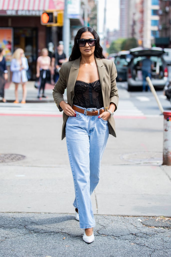 Masculine meets feminine when you pair your slouchy borrowed-from-the-boys jeans with a fitted bustier and tailored blazer.