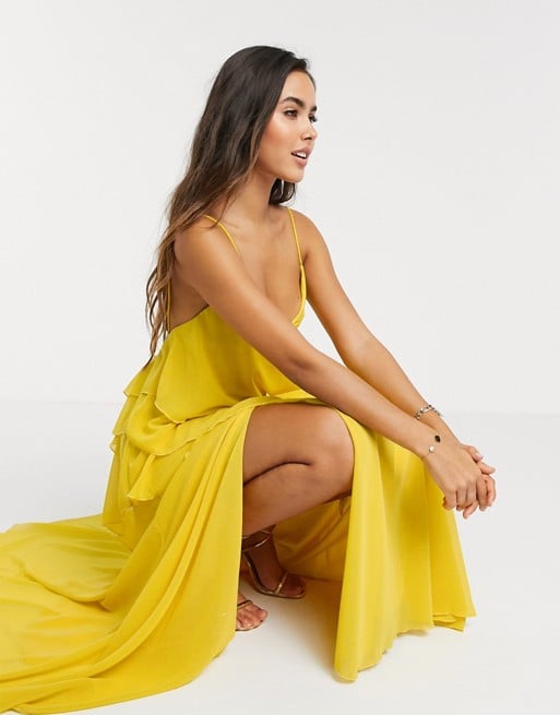 Forever U Collection ruffle maxi cami dress with thigh split in yellow