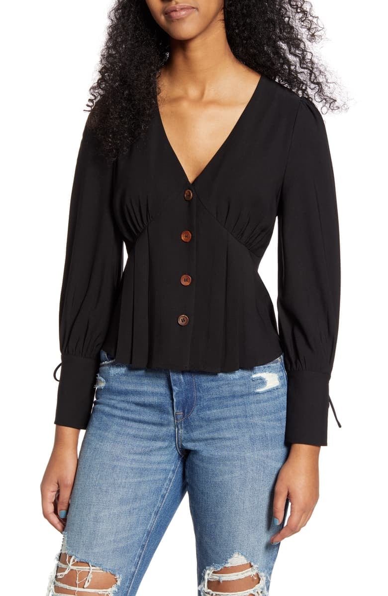 Moon River Tie Cuff Button Front Blouse