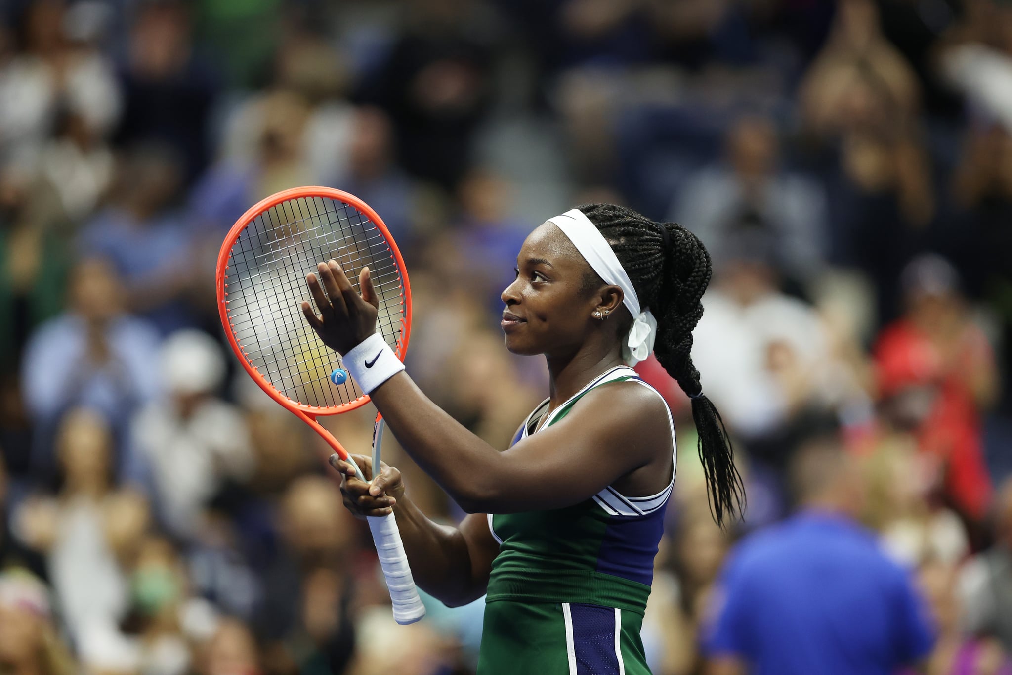 NEW YORK, NEW YORK - SEPTEMBER 01: Sloane Stephens of the United States celebrates after defeating Cori Gauff of the United States during her Women's Singles second round match on Day Three of the 2021 US Open at the Billie Jean King National Tennis Center on September 01, 2021 in the Flushing neighborhood of the Queens borough of New York City. (Photo by Matthew Stockman/Getty Images)