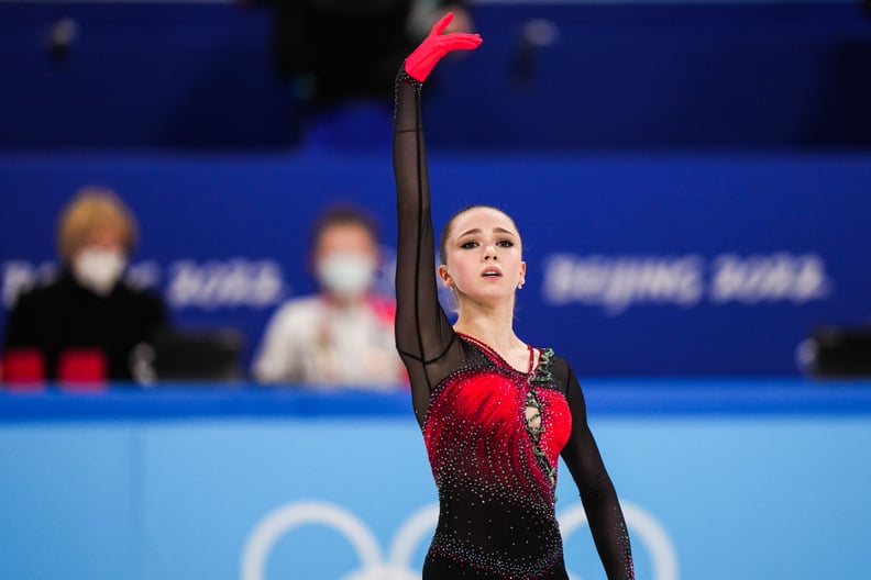 Kamila Valieva of Team ROC reacts during the women's figure skating free skate at the Beijing 2022 Winter Olympic Games