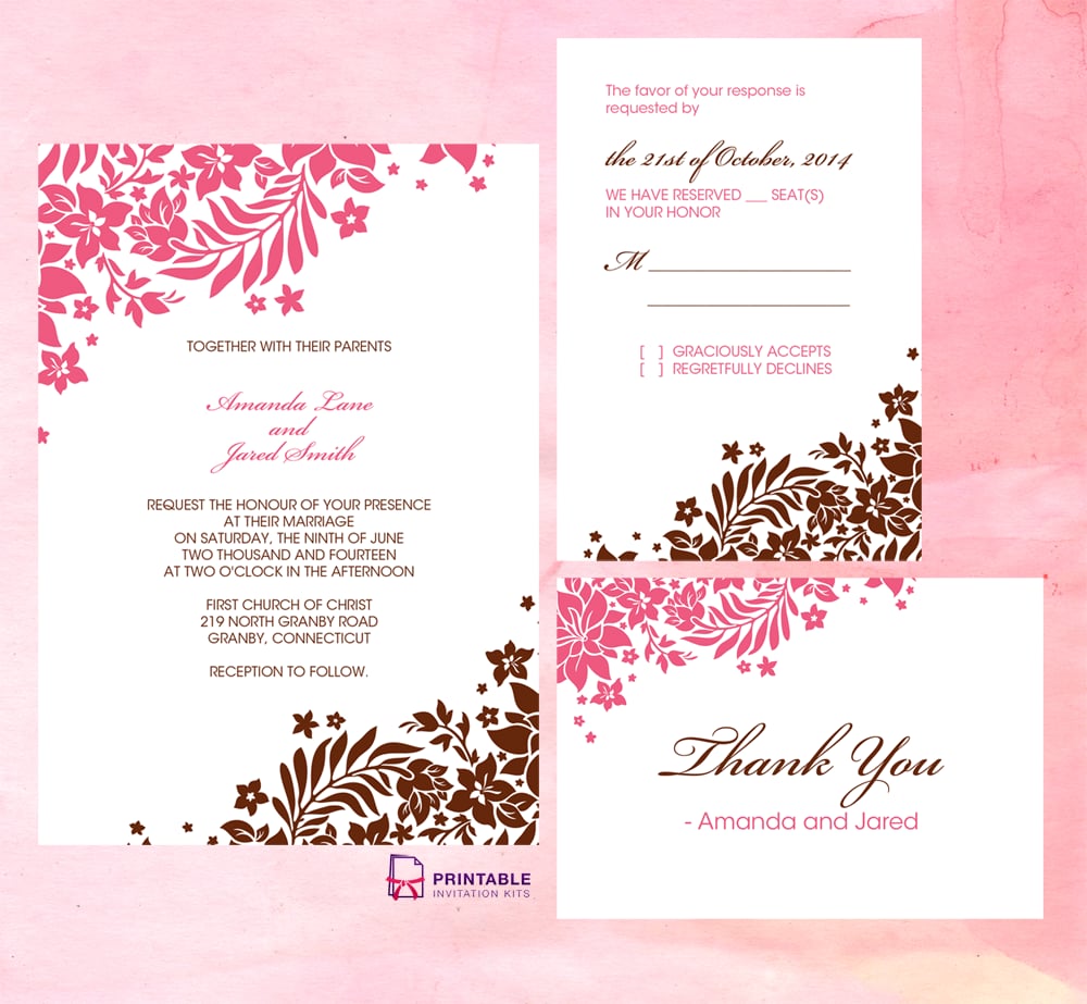 Pink and Brown Foliage Wedding Invitation