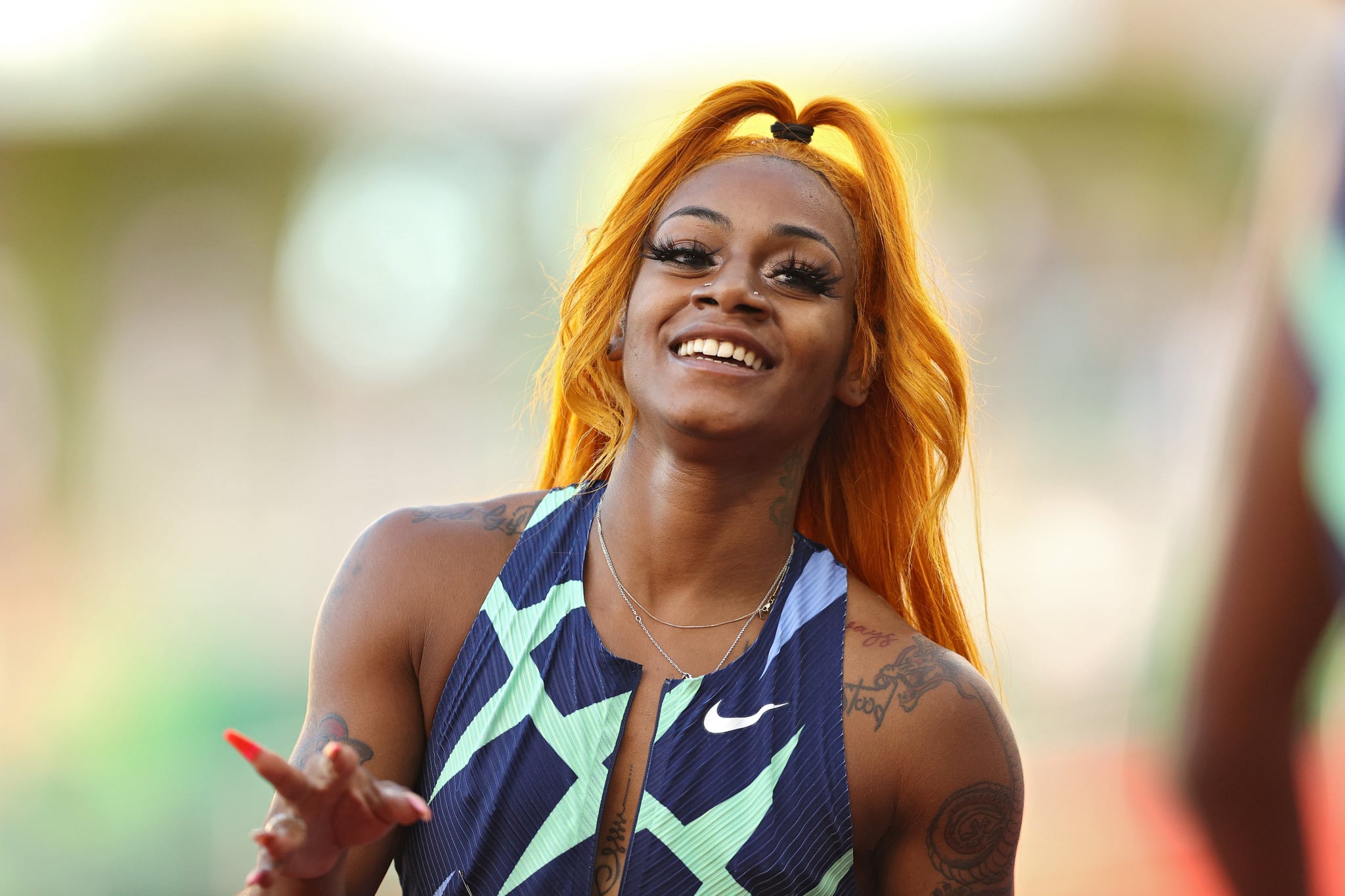 EUGENE, OREGON - JUNE 19: Sha'Carri Richardson looks on after winning the Women's 100 Meter final on day 2 of the 2020 U.S. Olympic Track & Field Team Trials at Hayward Field on June 19, 2021 in Eugene, Oregon. (Photo by Patrick Smith/Getty Images)