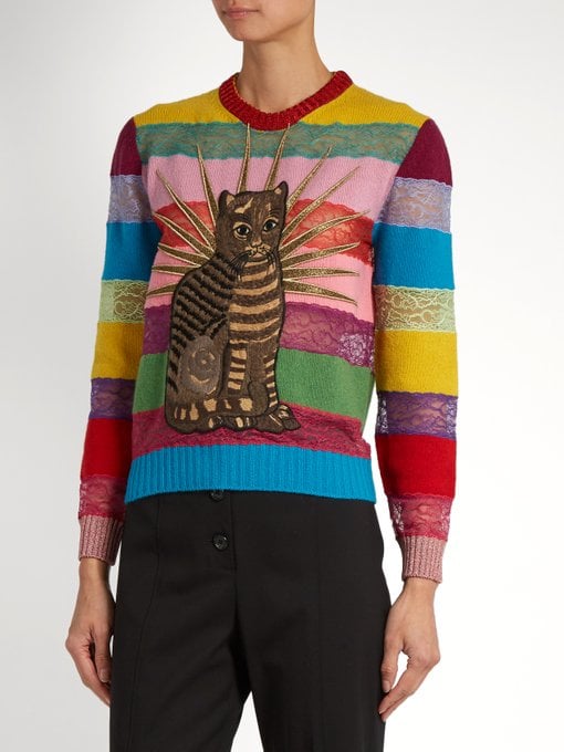 Gucci Cat-Appliqué Panelled Lace and Wool Sweater