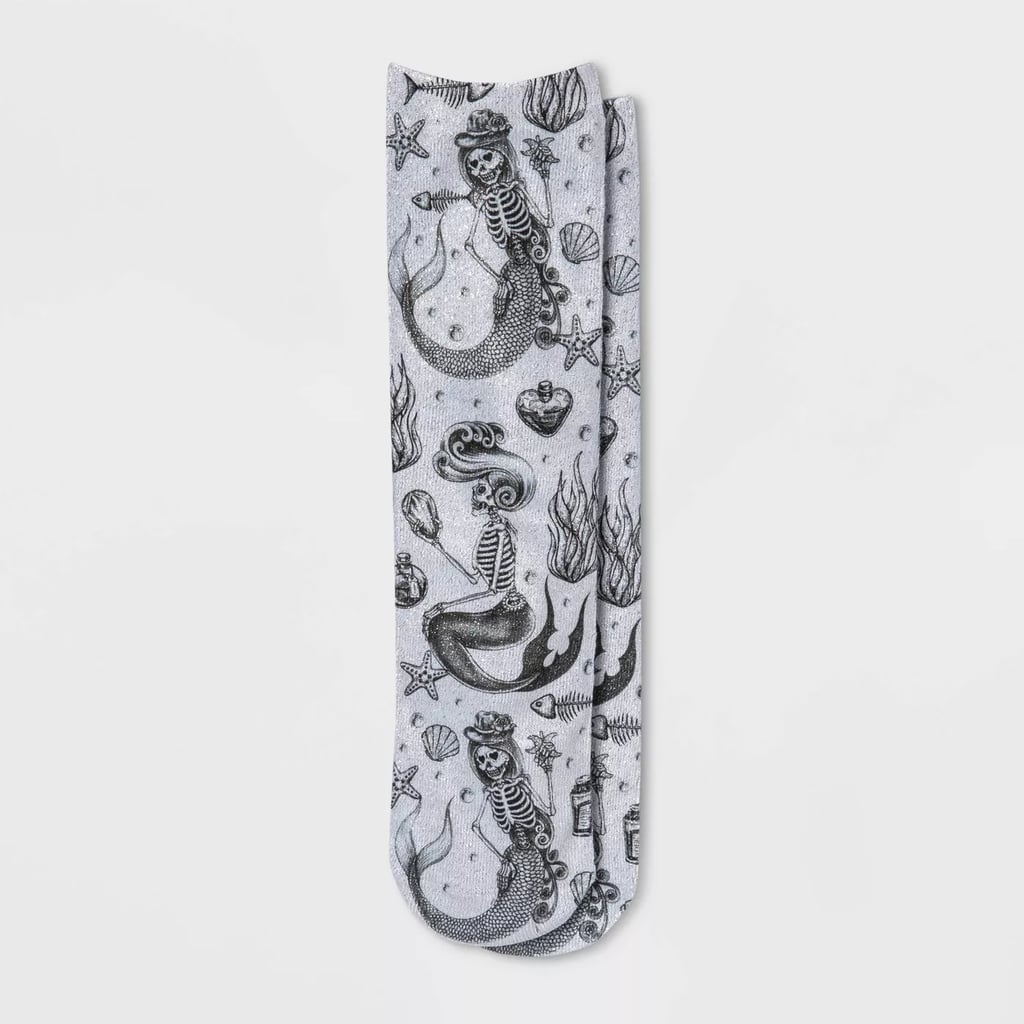 Sparkly Skeleton Mermaid Print Halloween Crew Socks