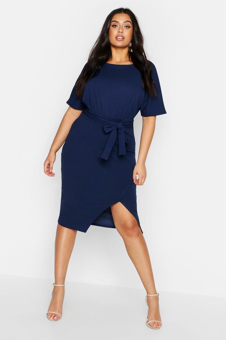 Boohoo Slash Neck Tie Waist Midi Dress