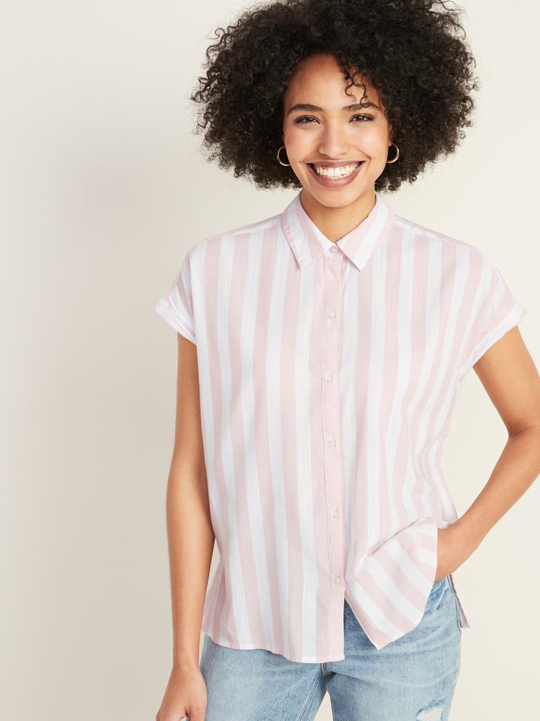 Relaxed Vertical-Stripe Cap-Sleeve Shirt