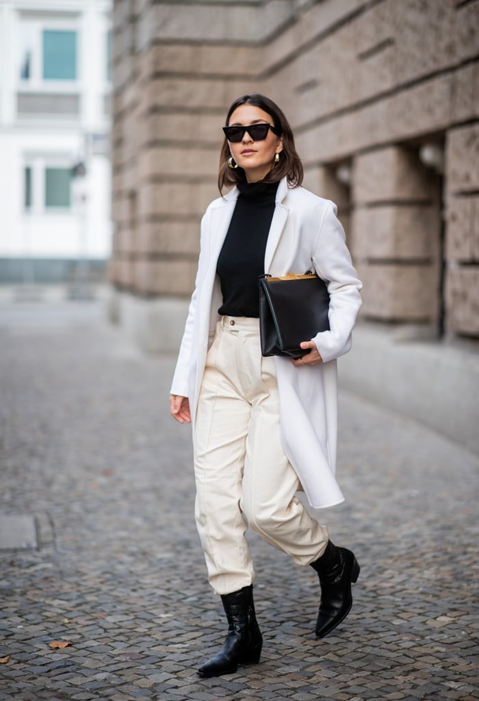 Ground your Winter whites with pointed-toe boots and a turtleneck thin enough to tuck into the waistband of your pants.