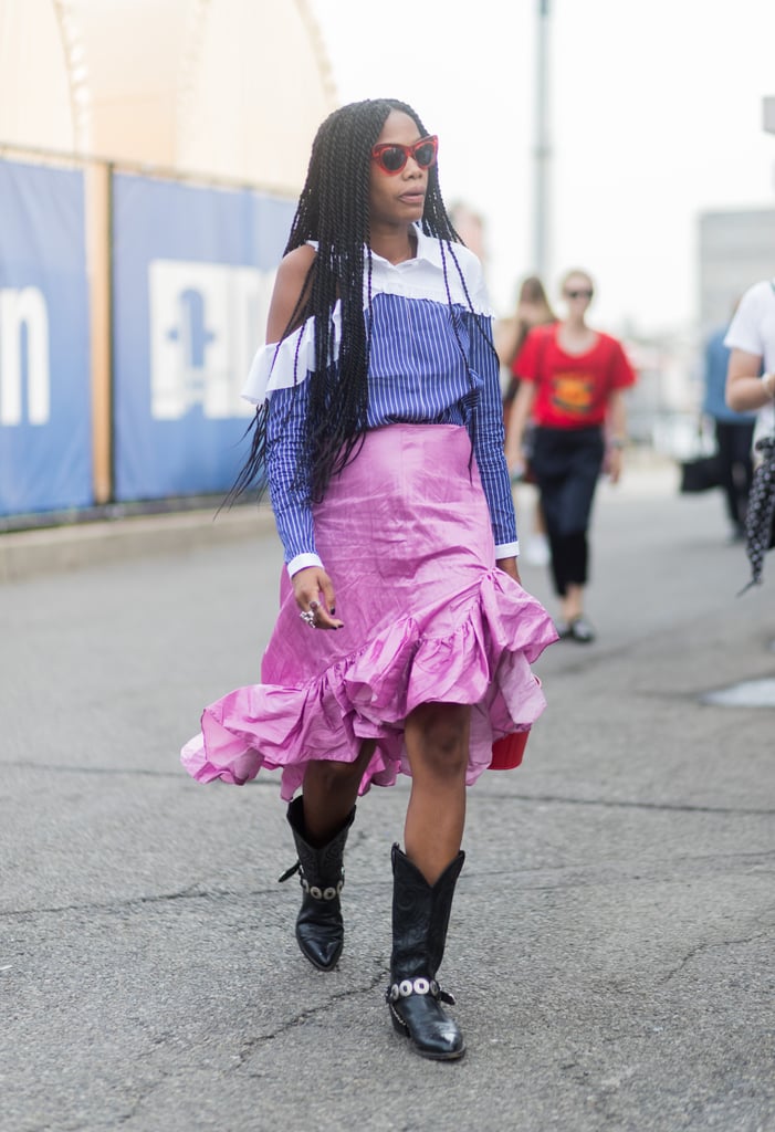 A pink ruffled skirt received an edgier update with Western-style boots.