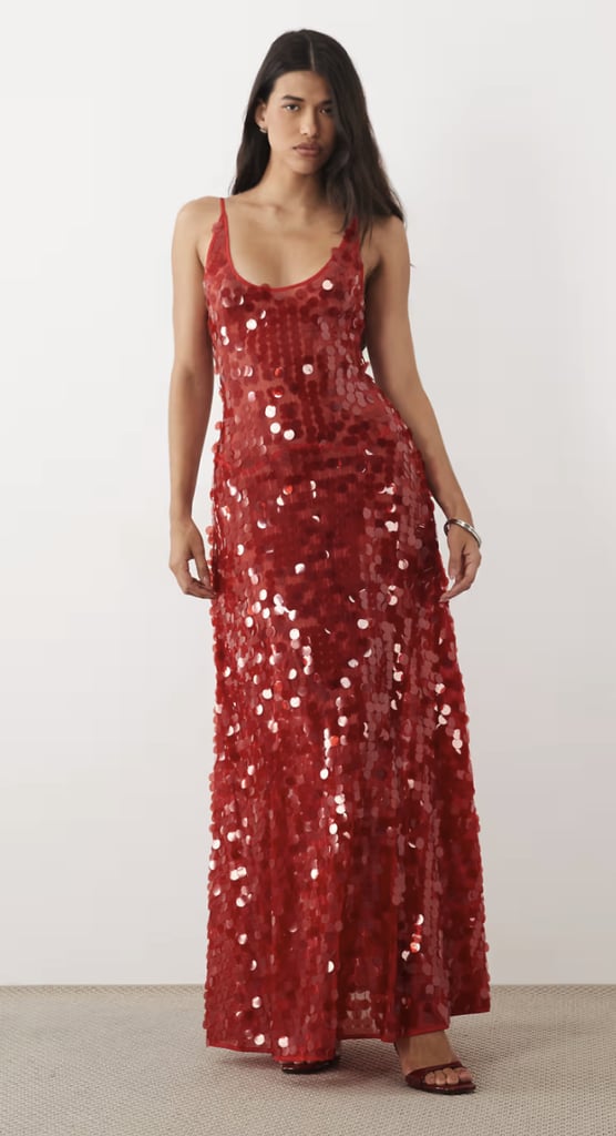ASOS Design Scattered Paillette Sequins Scoop Neck Maxi Dress in Red