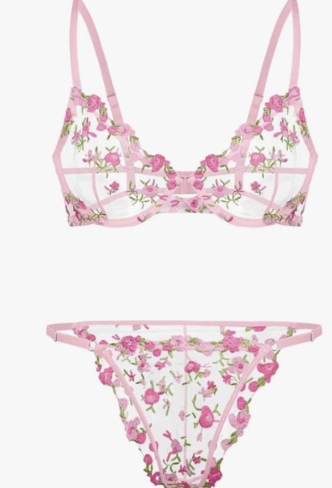 Lilosy Sexy Floral Embroidered Mesh Sheer Underwire Lingerie Set ($15, originally $18)
This set is the ultimate mix of cute and sexy. With floral embroidery and supportive underwire, these co-ords are perfect for turning up the heat on date night or adding a playful touch to your lingerie drawer.