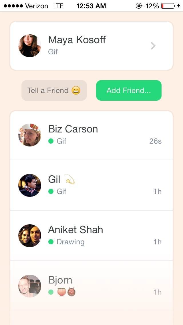 Here's what your main screen in the Peach app looks like once you add some friends.