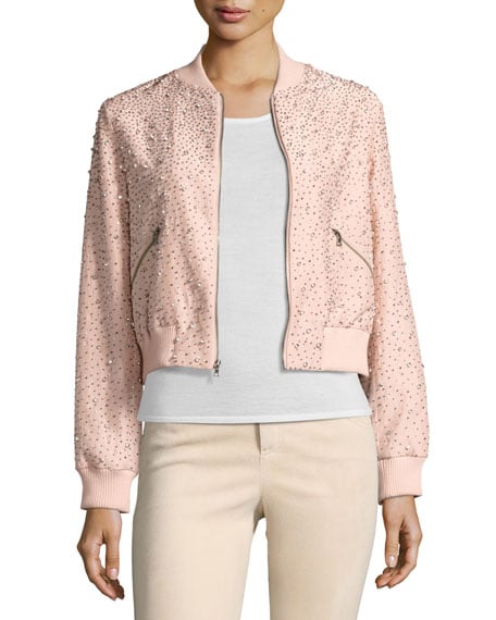 Alice + Olivia Demia Embellished Silk Cropped Bomber Jacket