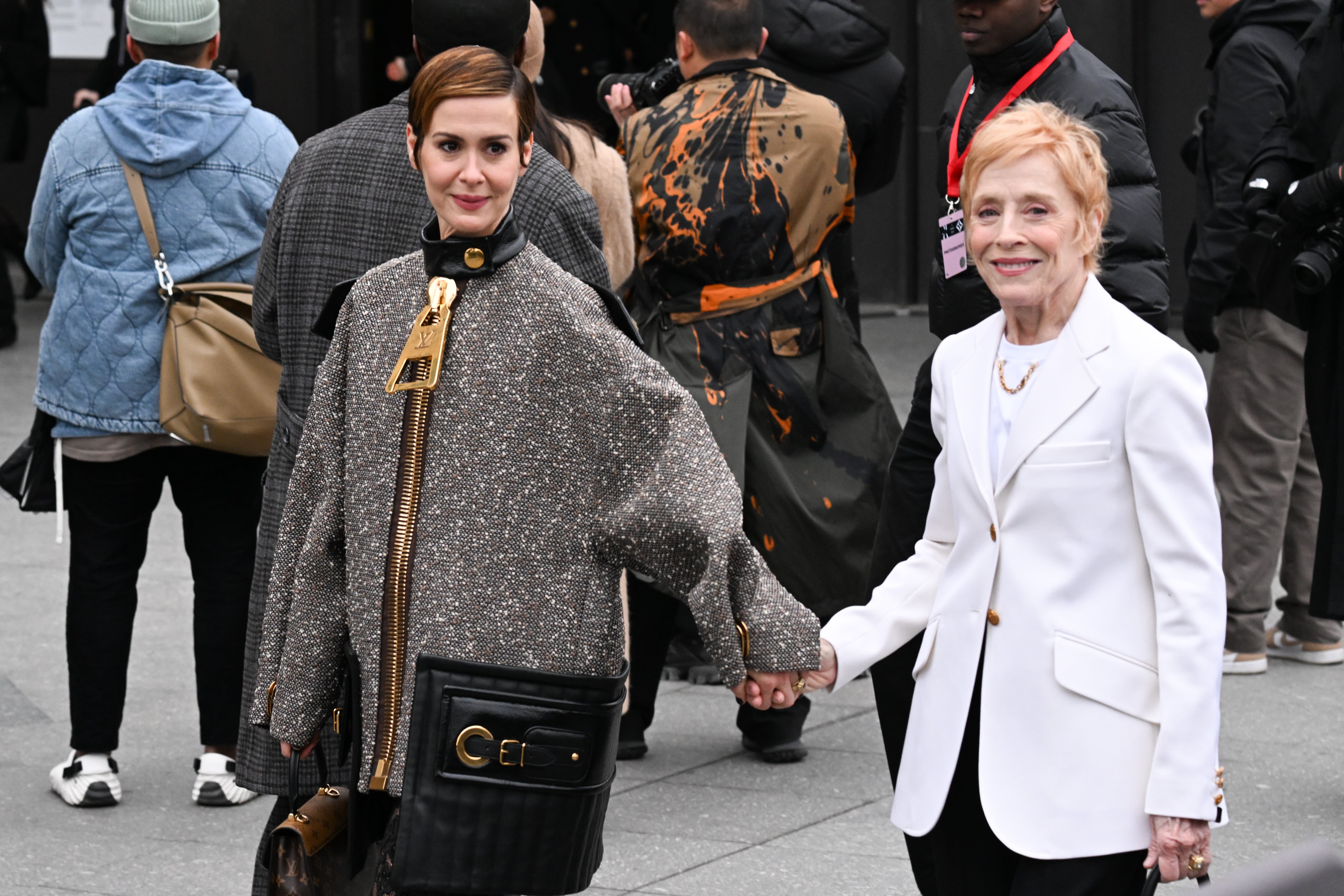 Sarah Paulson Zips Into Supersized Jacket & Booties for Louis