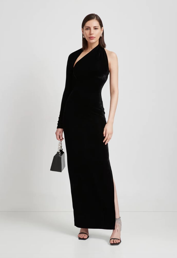 Best Wedding Guest Dresses: Marcella NYC Manhattan Velvet Slit Gown