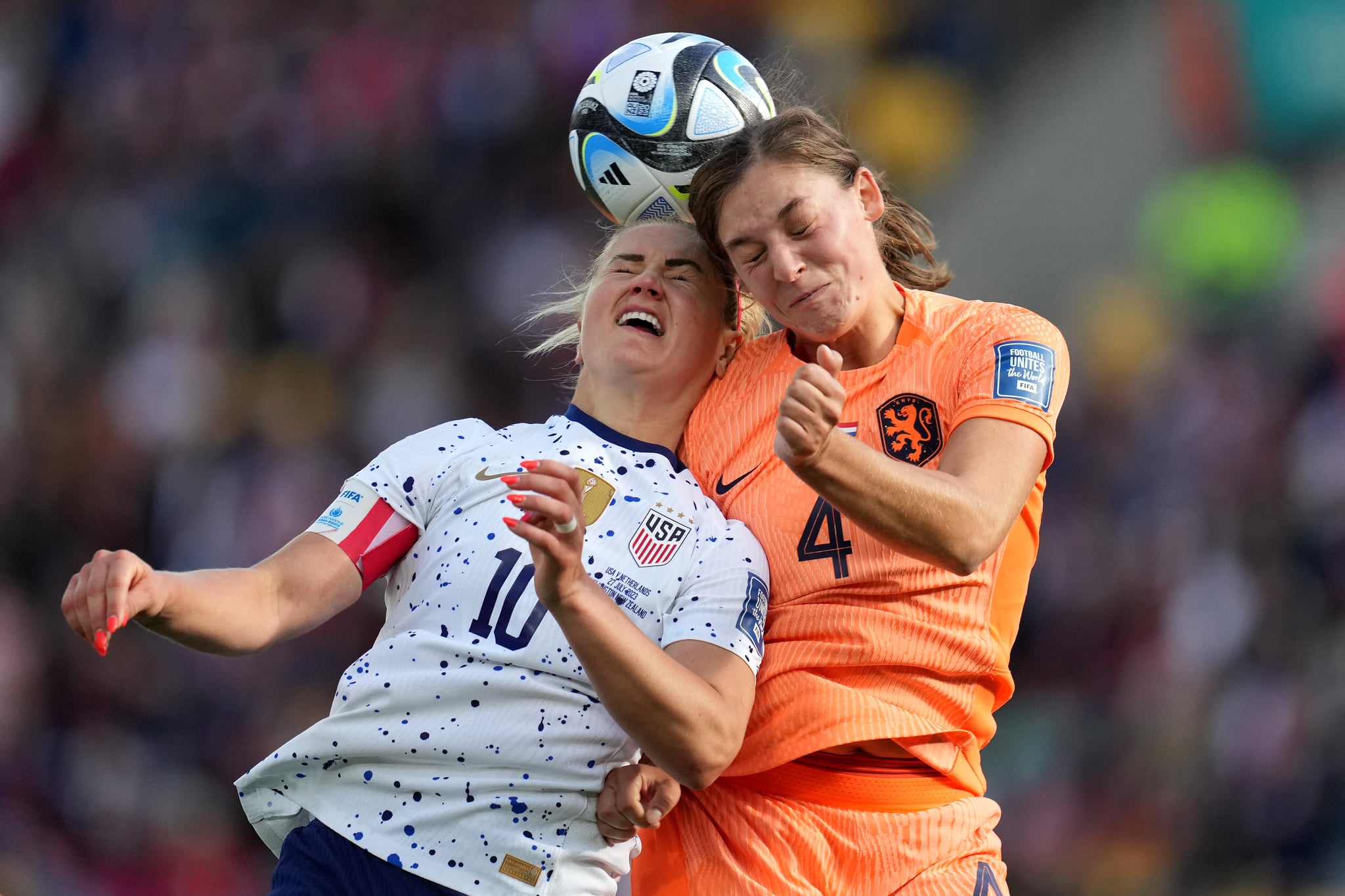 WELLINGTON, NEW ZEALAND - JULY 27: Lindsey Horan #10 of the United States goes up for a header with Aniek Nouwen #4 of the Netherlands during the second half of the FIFA Women's World Cup Australia & New Zealand 2023 Group E match at Wellington Regional Stadium on July 27, 2023 in Wellington, New Zealand. (Photo by Robin Alam/USSF/Getty Images )