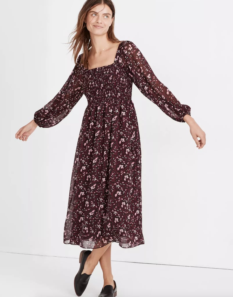 Madewell (Re)sourced Georgette Sheer-Sleeve Smocked Midi Dress