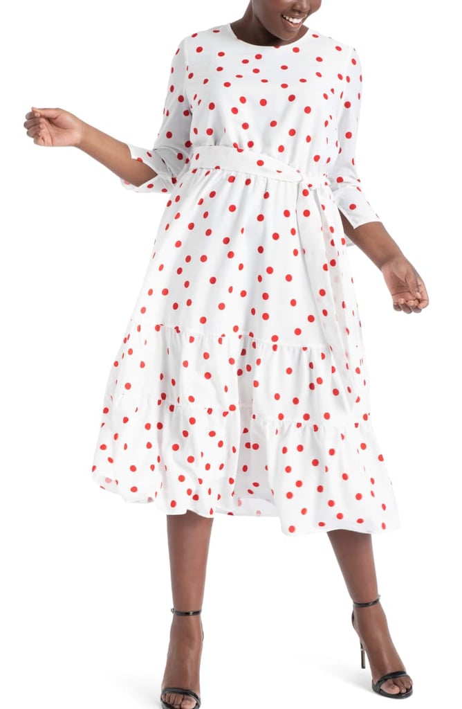 ELOQUII Polka Dot Tiered Hem A-Line Dress